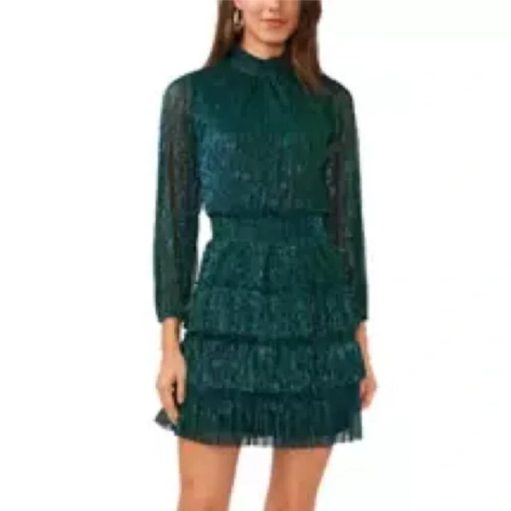 Small 1. State Shimmery Metallic Green Long Sleeve Smocked Tiered Dress (ABBA)